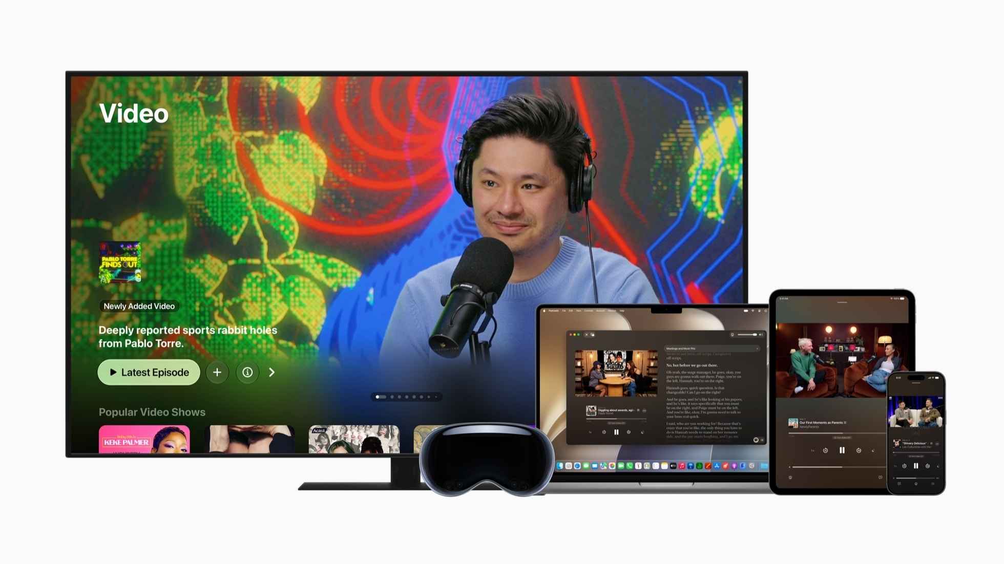 Apple Podcasts auf den Geräten TV, Macbook, iPad, iPhone, VR Glasses.
